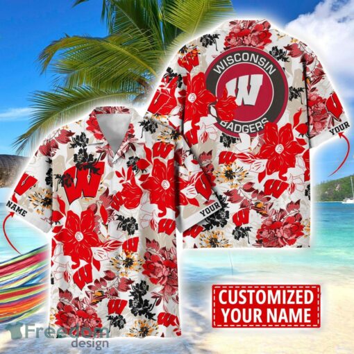 Wisconsin Badgers Aloha 3D Hawaiian Shirt Flower Sport Team Beach Shirt Custom Name Product Photo 1