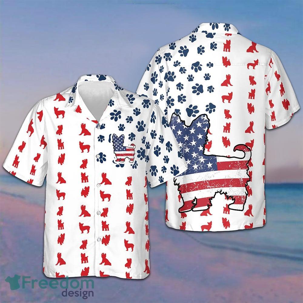 Yorkshire Terrier American Flag Hawaiian Shirt Dog Owner Patriotic Button Up Shirt Men's image Yorkshire Terrier American Flag Hawaiian Shirt Dog Owner Patriotic Button Up Shirt Men's