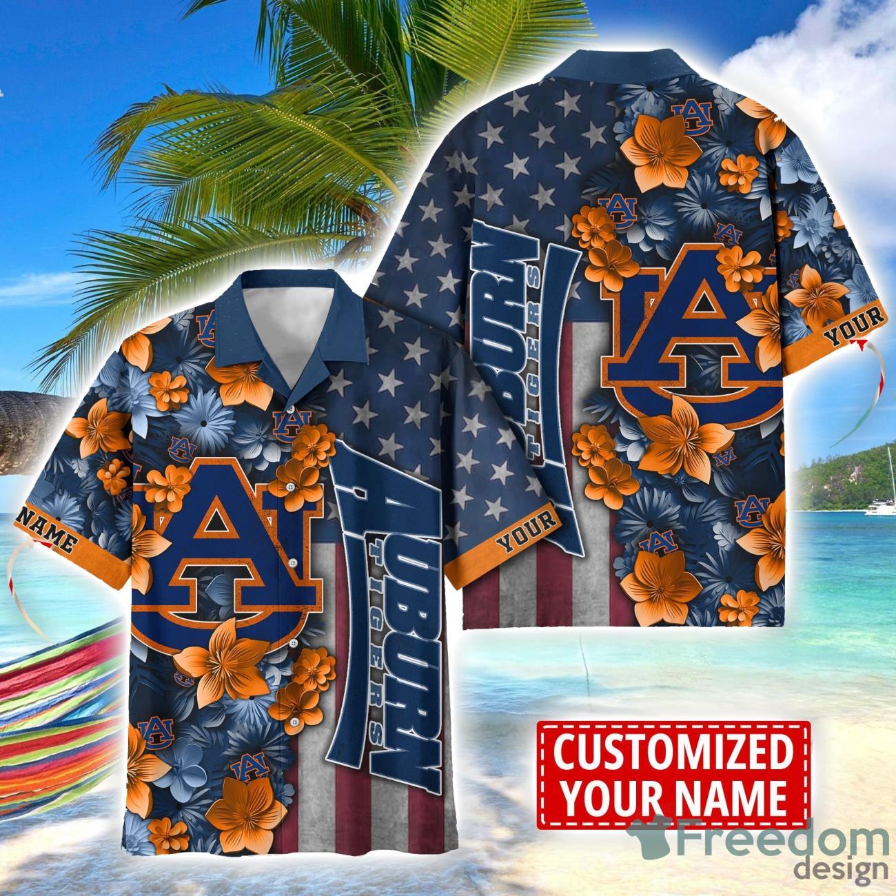 Auburn Tigers Custom name USA Flag 4th July Independence Day Hawaiian Shirt image Auburn Tigers Custom name USA Flag 4th July Independence Day Hawaiian Shirt Product Photo 1