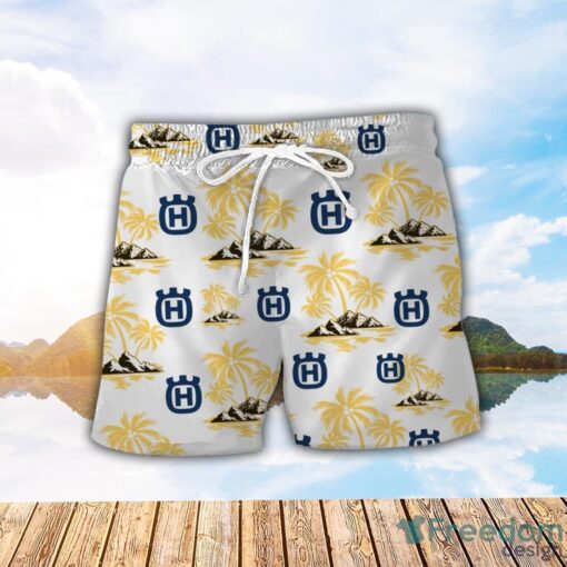 Husqvarna Motorcycles Yellow Coconut Pattern Combo 3D Hawaiian Shirt And Shorts Product Photo 2