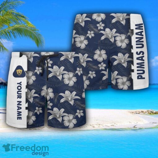 Pumas UNAM Hawaiian Shirt And Beach Shorts Flower Pattern Custom Name For Fans Product Photo 3