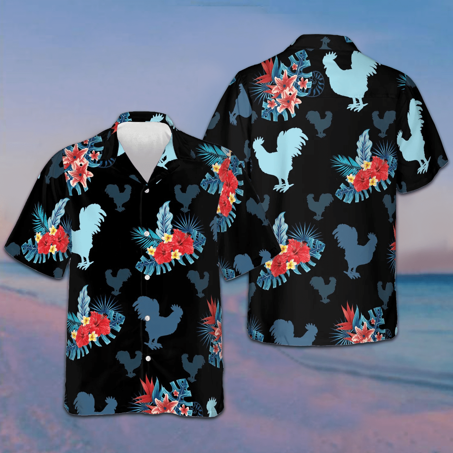 Rooster In Tropical Blue Hawaiian Shirt Summer Button Up Gifts For Rooster Lovers - Rooster In Tropical Blue Hawaiian Shirt Summer Button Up Gifts For Rooster Lovers