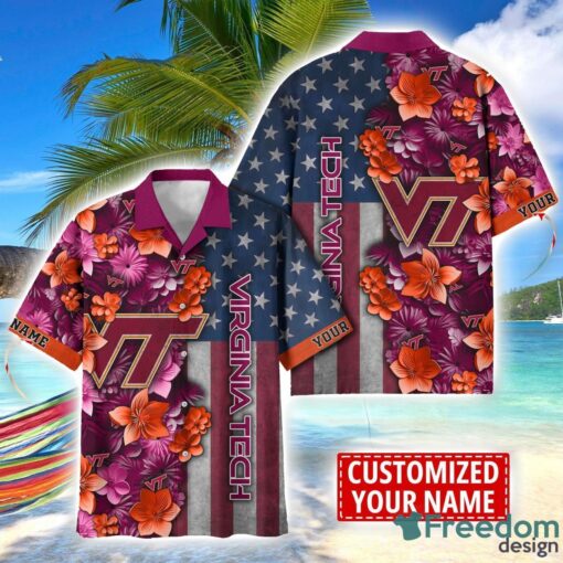 Virginia Tech Hokies Custom name USA Flag 4th July Independence Day Hawaiian Shirt Product Photo 1