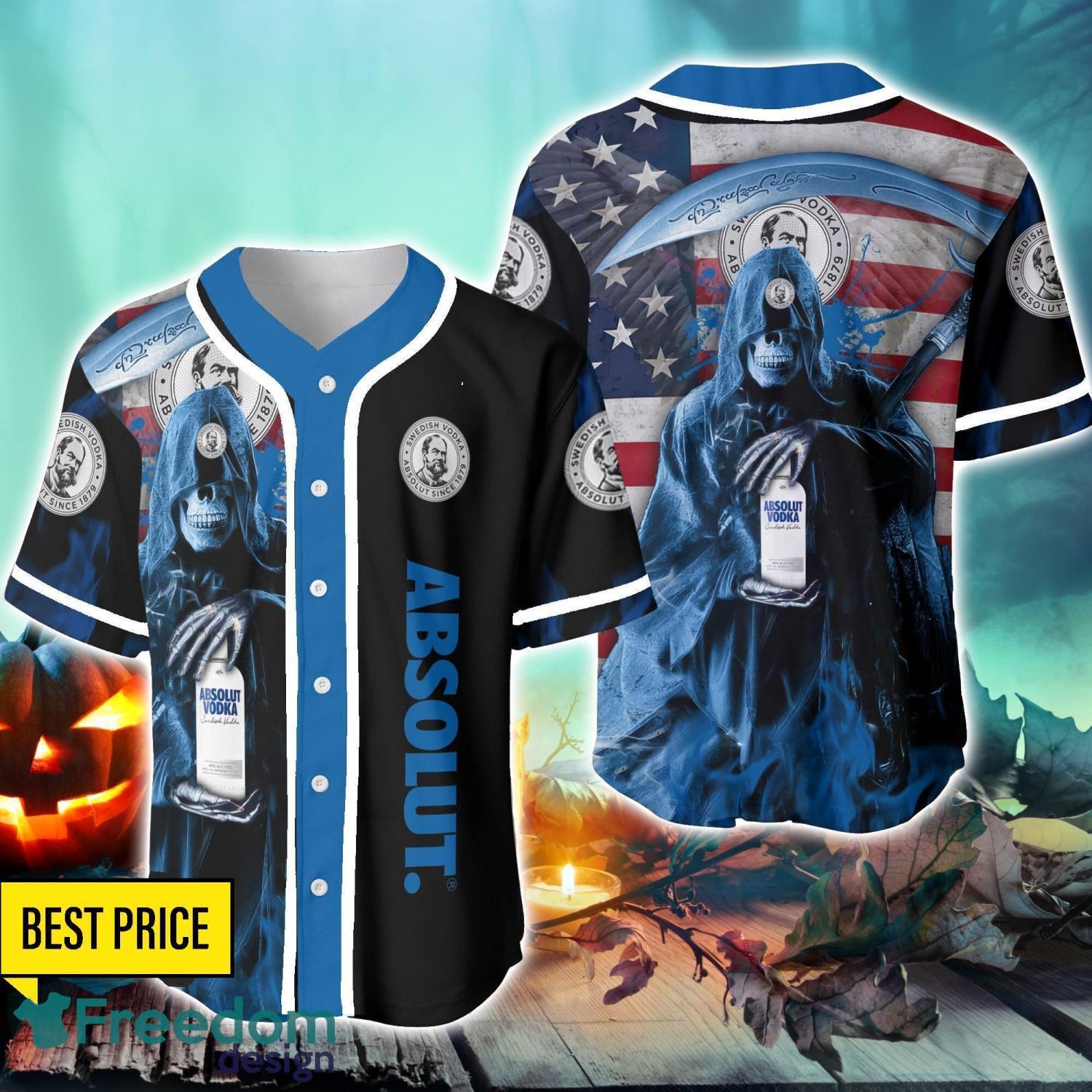 Absolut Vodka Usa Flag Flame Death Hodling Halloween Baseball Jersey Shirt For Fans image Absolut Vodka Usa Flag Flame Death Hodling Halloween Baseball Jersey Shirt For Fans Product Photo 1