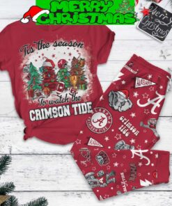 Alabama Crimson Tide Tis The Season To Watch The Crimson Tide Big Al Roll Tide Christmas Fleece Pajama Set All Over Print Christmas Gift - 310724-121714