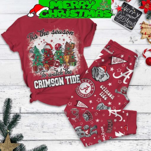 Alabama Crimson Tide Tis The Season To Watch The Crimson Tide Big Al Roll Tide Christmas Fleece Pajama Set All Over Print Christmas Gift - 310724-121714