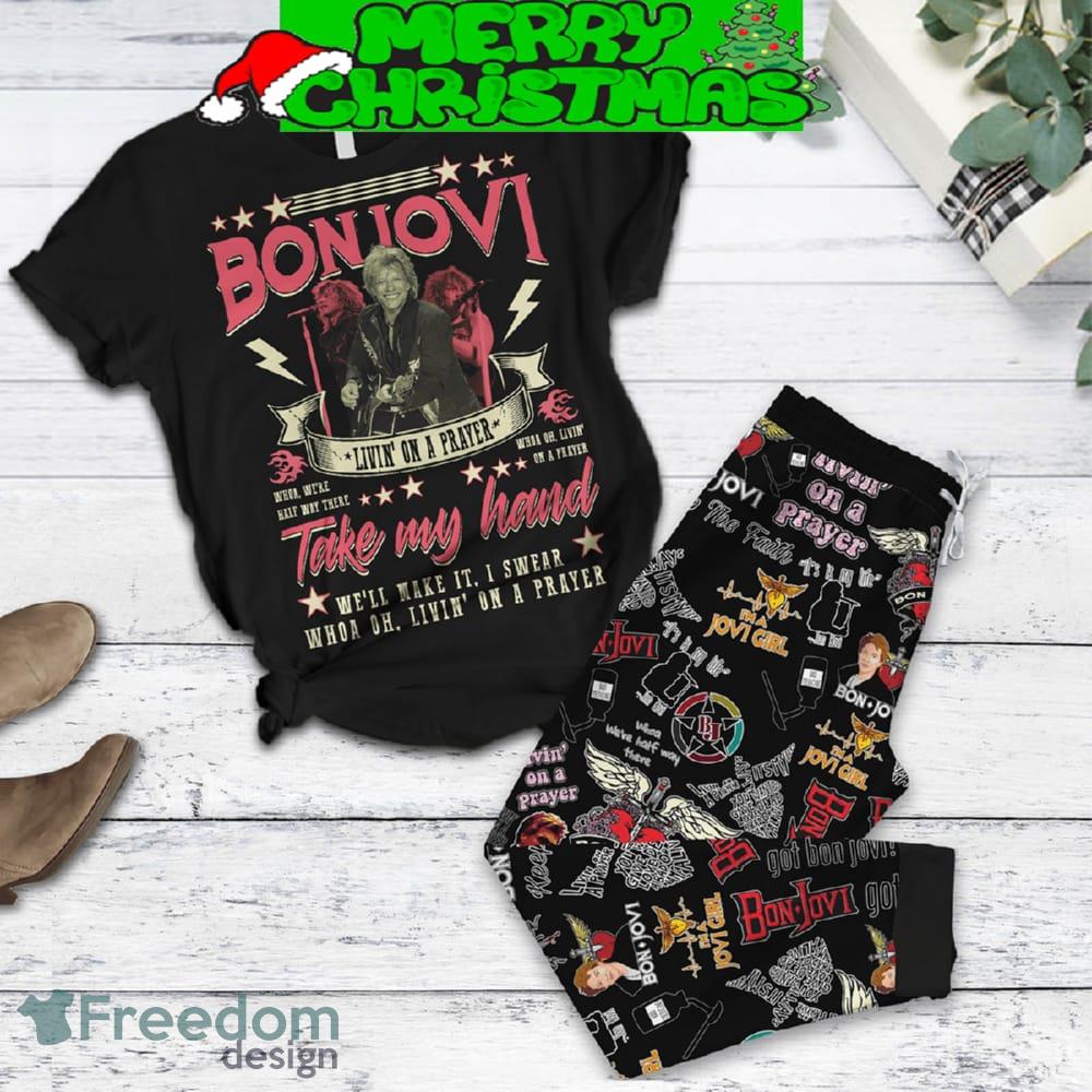 Bon Jovi Livin’ On A Prayer Take My Hand Fleece Pajamas Set Full Print Christmas For Women - Bon Jovi Livin’ On A Prayer Take My Hand Fleece Pajamas Set-1