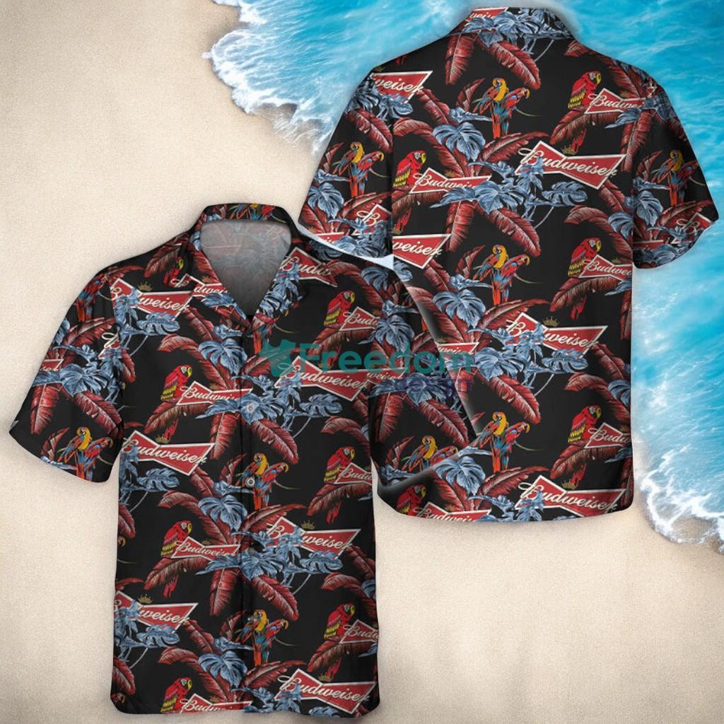 Budweiser Red Parrots Tropical Aloha Hawaiian Shirt image Budweiser Red Parrots Tropical Aloha Hawaiian Shirt Product Photo 1