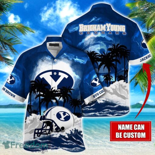 BYU Cougars NCAA Hawaiian Shirt Coconut Tree Waves Beach Hawaii Shirt Custom Name For Fans Product Photo 1