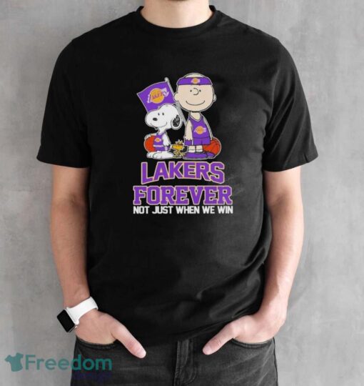 Charlie Brown Snoopy and Woodstock Los Angeles Lakers forever not just when we win 2024 shirt - Black Unisex T-Shirt