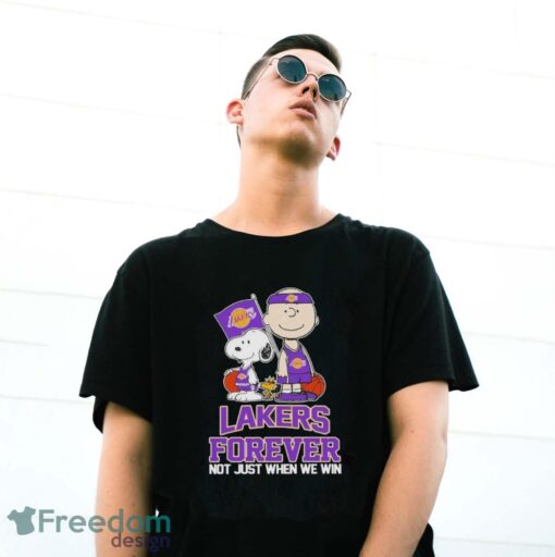 Charlie Brown Snoopy and Woodstock Los Angeles Lakers forever not just when we win 2024 shirt - G500 Gildan T-Shirt