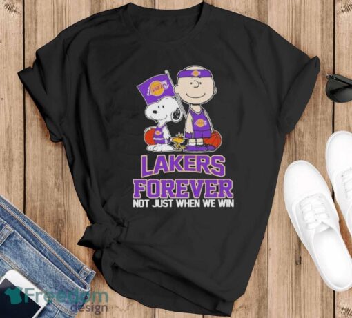 Charlie Brown Snoopy and Woodstock Los Angeles Lakers forever not just when we win 2024 shirt - Black T-Shirt