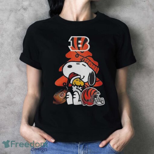 Cincinnati Bengals Funny Peanuts Snoopy Woodstock Bengals Party Ugly Christmas T-Shirt - Ladies T-Shirt