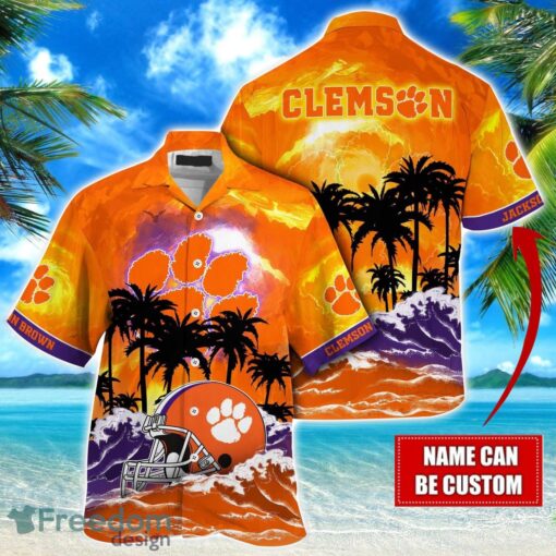 Clemson Tigers NCAA Hawaiian Shirt Coconut Tree Waves Beach Hawaii Shirt Custom Name For Fans Product Photo 1