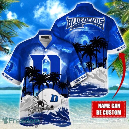 Duke Blue Devils NCAA Hawaiian Shirt Coconut Tree Waves Beach Hawaii Shirt Custom Name For Fans Product Photo 1