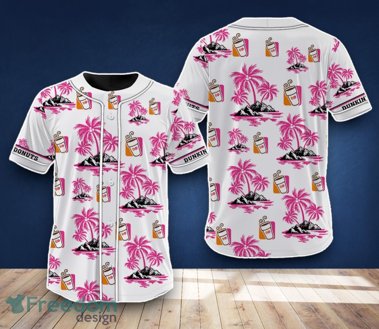 Dunkin’ Donuts Baseball Jersey Coconut Tree Pattern For Men Women image Dunkin’ Donuts Baseball Jersey Coconut Tree Pattern For Men Women Product Photo 1
