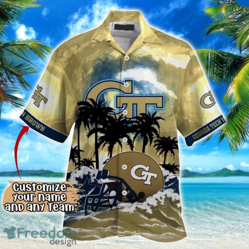 Georgia Tech Yellow Jackets NCAA Hawaiian Shirt Coconut Tree Waves Beach Hawaii Shirt Custom Name For Fans Product Photo 2