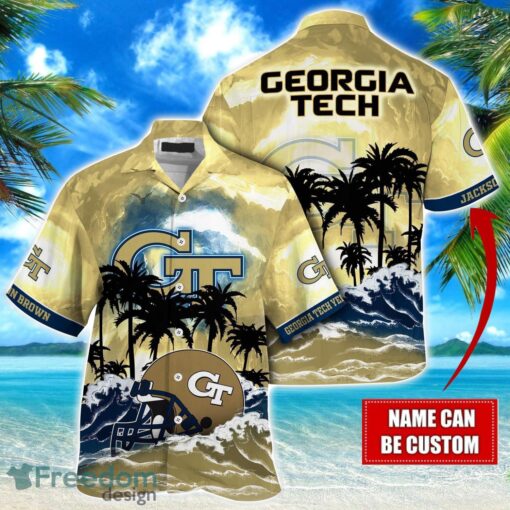 Georgia Tech Yellow Jackets NCAA Hawaiian Shirt Coconut Tree Waves Beach Hawaii Shirt Custom Name For Fans Product Photo 1