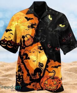 Halloween Night Black Cat And Pumpkin Design Full Over Print Hawaiian Shirt