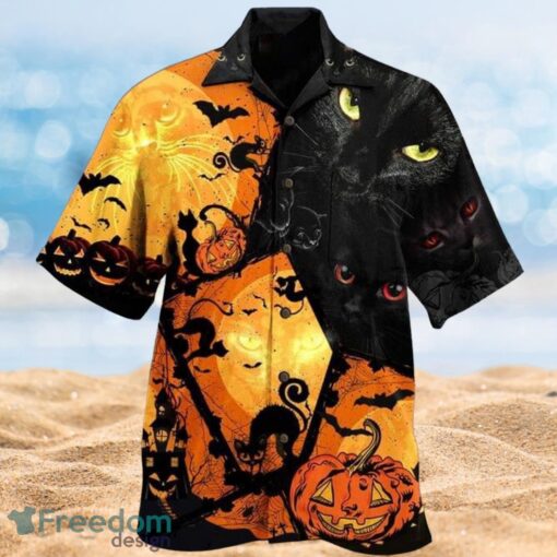 Halloween Night Black Cat And Pumpkin Design Full Over Print Hawaiian Shirt Product Photo 1