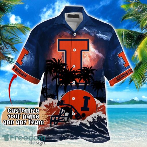 Illinois Fighting Illini NCAA Hawaiian Shirt Coconut Tree Waves Beach Hawaii Shirt Custom Name For Fans Product Photo 2