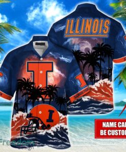 Illinois Fighting Illini NCAA Hawaiian Shirt Coconut Tree Waves Beach Hawaii Shirt Custom Name For Fans