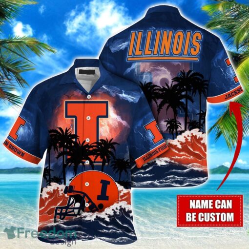 Illinois Fighting Illini NCAA Hawaiian Shirt Coconut Tree Waves Beach Hawaii Shirt Custom Name For Fans Product Photo 1