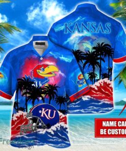 Kansas Jayhawks NCAA Hawaiian Shirt Coconut Tree Waves Beach Hawaii Shirt Custom Name For Fans Product Photo 1