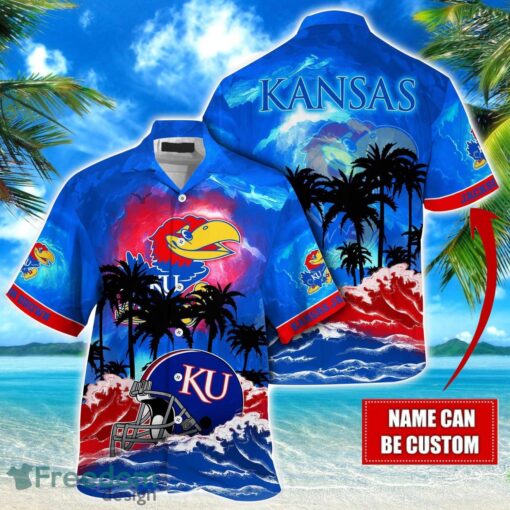 Kansas Jayhawks NCAA Hawaiian Shirt Coconut Tree Waves Beach Hawaii Shirt Custom Name For Fans Product Photo 1