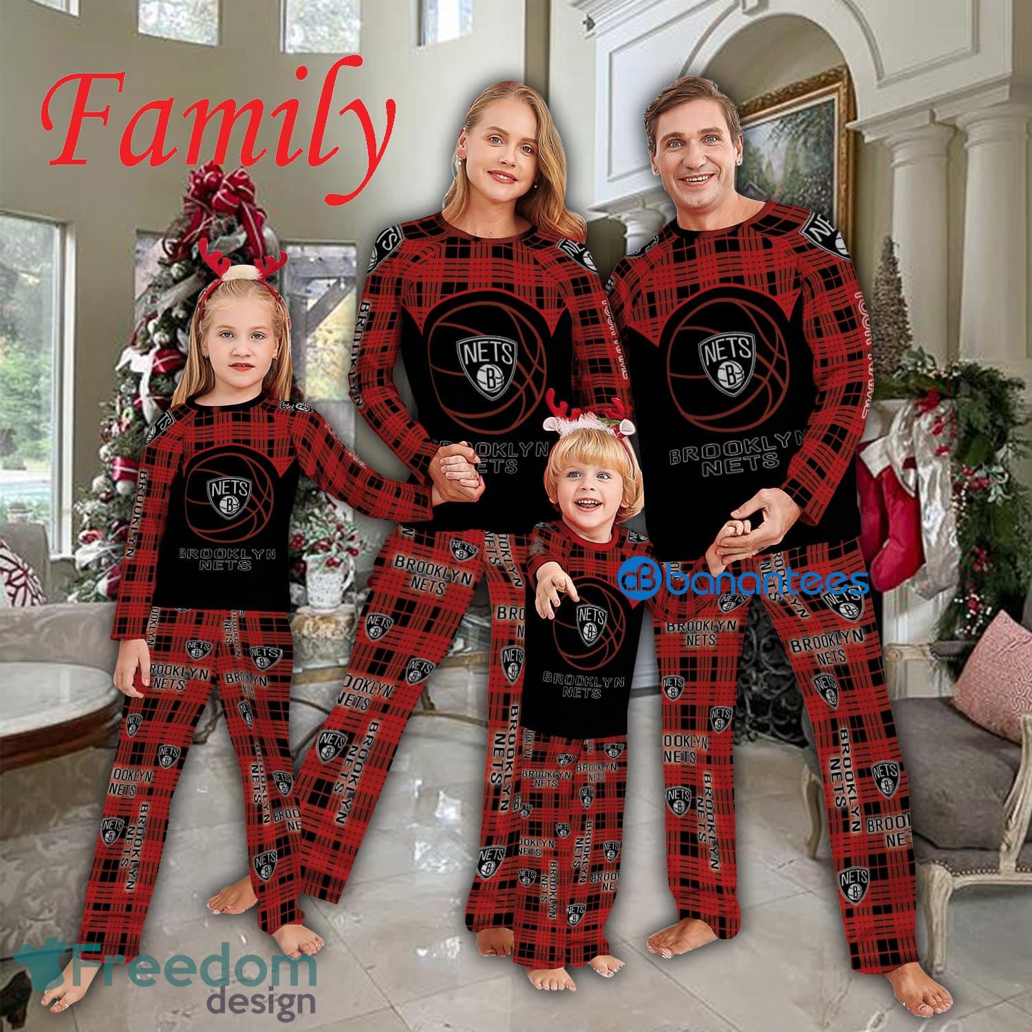 Logo Pattern Pajamas Set Gift For Family NBA Brooklyn Nets Caro For Fans Holidays Product Photo 1