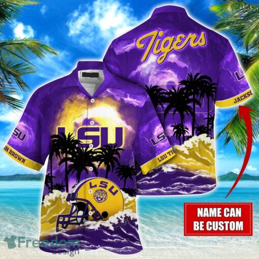 LSU TIGERS NCAA Hawaiian Shirt Coconut Tree Waves Beach Hawaii Shirt Custom Name For Fans Product Photo 1