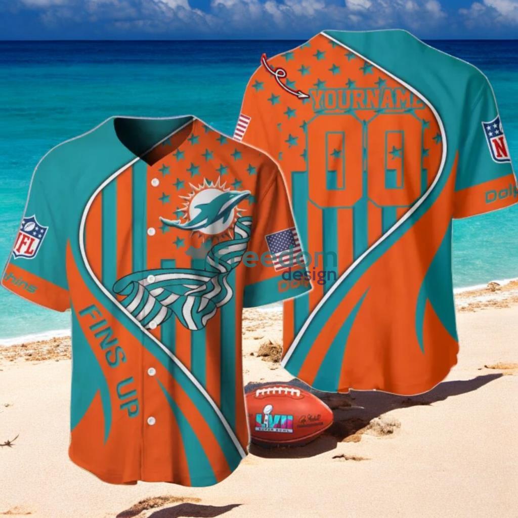 Miami Dolphins Custom Name And Number Slogan Baseball Jersey Shirt image Miami Dolphins Custom Name And Number Slogan Baseball Jersey Shirt Product Photo 1