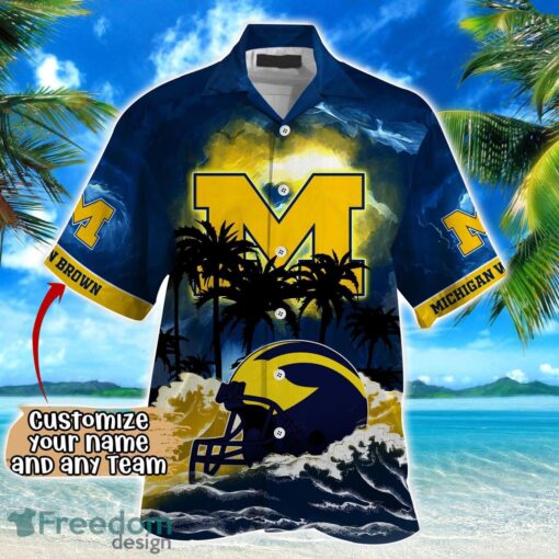 Michigan Wolverines NCAA Hawaiian Shirt Coconut Tree Waves Beach Hawaii Shirt Custom Name For Fans Product Photo 2