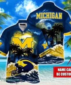 Michigan Wolverines NCAA Hawaiian Shirt Coconut Tree Waves Beach Hawaii Shirt Custom Name For Fans Product Photo 1