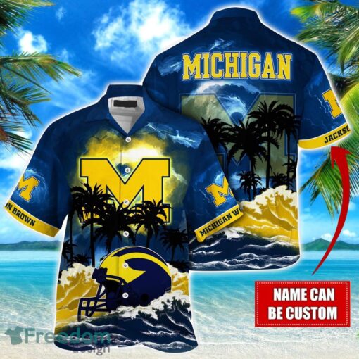 Michigan Wolverines NCAA Hawaiian Shirt Coconut Tree Waves Beach Hawaii Shirt Custom Name For Fans Product Photo 1