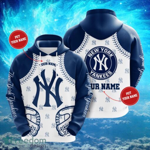 MLB New York Yankees Logo Design Baseball Gloves White Blue Hoodie Full Print Hoodie Custom Name Product Photo 1