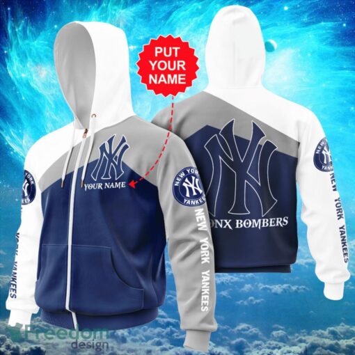 MLB New York Yankees Logo Design Bronx Bombers Blue White Hoodie Full Print Hoodie Custom Name Zip Up Product Photo 1