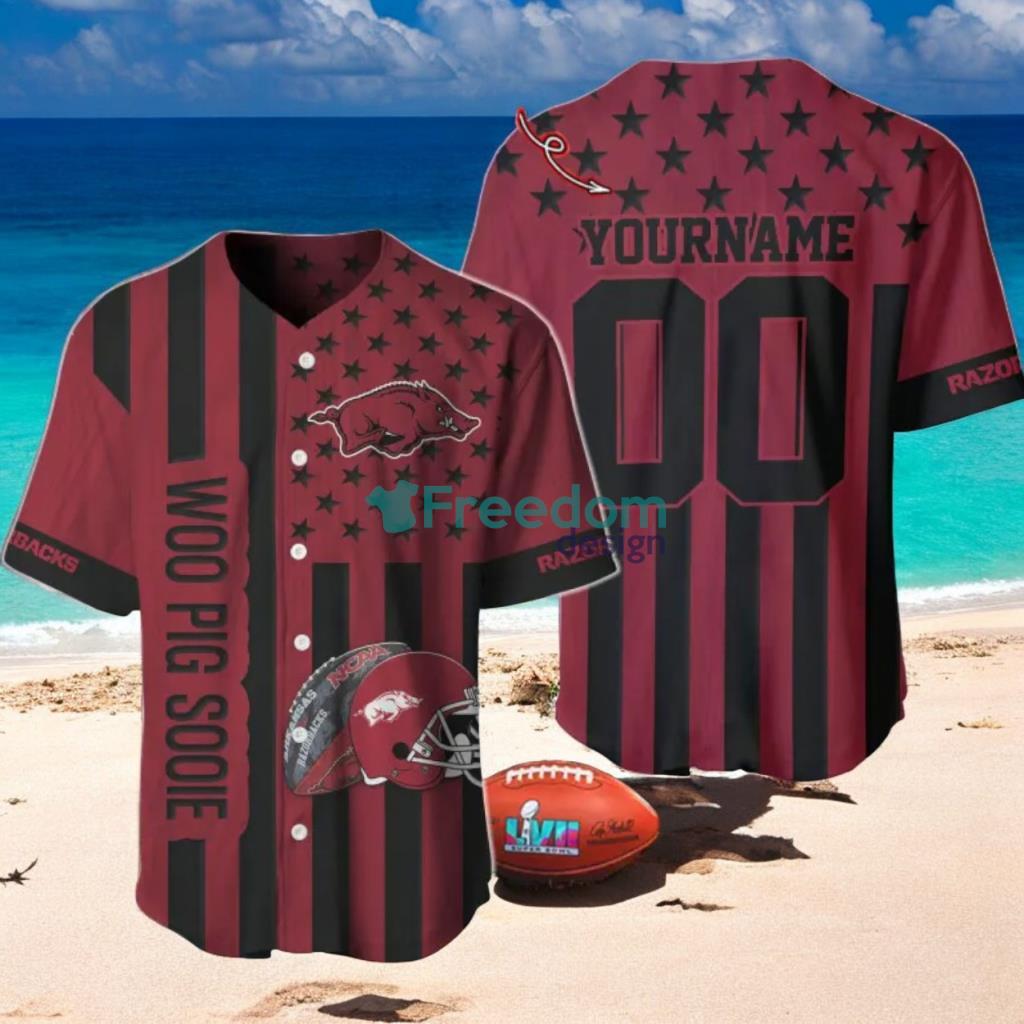 NCAA Arkansas Razorbacks Custom Name And Number Slogan Baseball Jersey Shirt image NCAA Arkansas Razorbacks Custom Name And Number Slogan Baseball Jersey Shirt Product Photo 1