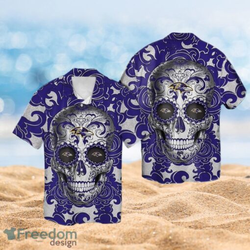 NFL Baltimore Ravens Logo Design Skull Tropical Halloween Shirt Hawaiian 3D Shirt Product Photo 1