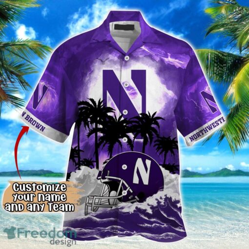 Northwestern Wildcats NCAA Hawaiian Shirt Coconut Tree Waves Beach Hawaii Shirt Custom Name For Fans Product Photo 2