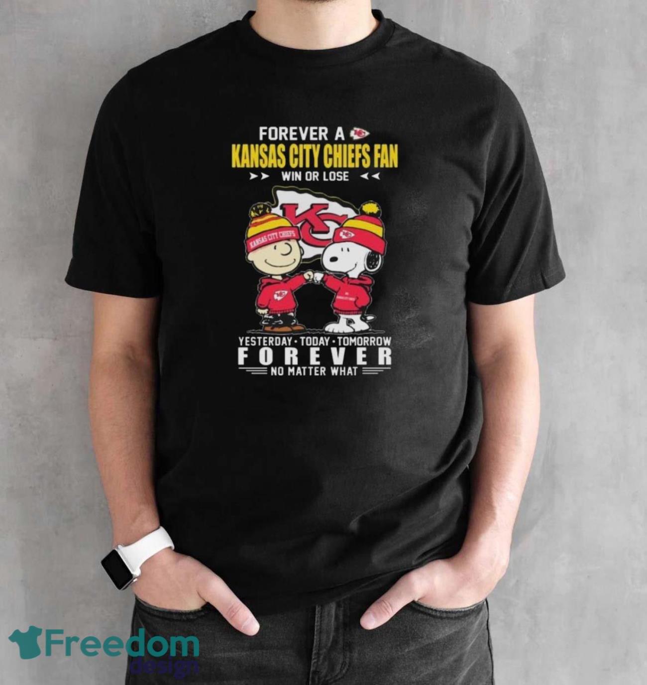 Official Charlie Brown and Snoopy Forever A Kansas City Chiefs fan Win Or Lose Yesterday Today Tomorrow Forever No Matter What shirt image Official Charlie Brown and Snoopy Forever A Kansas City Chiefs fan Win Or Lose Yesterday Today Tomorrow Forever No Matter What shirt - Black Unisex T-Shirt