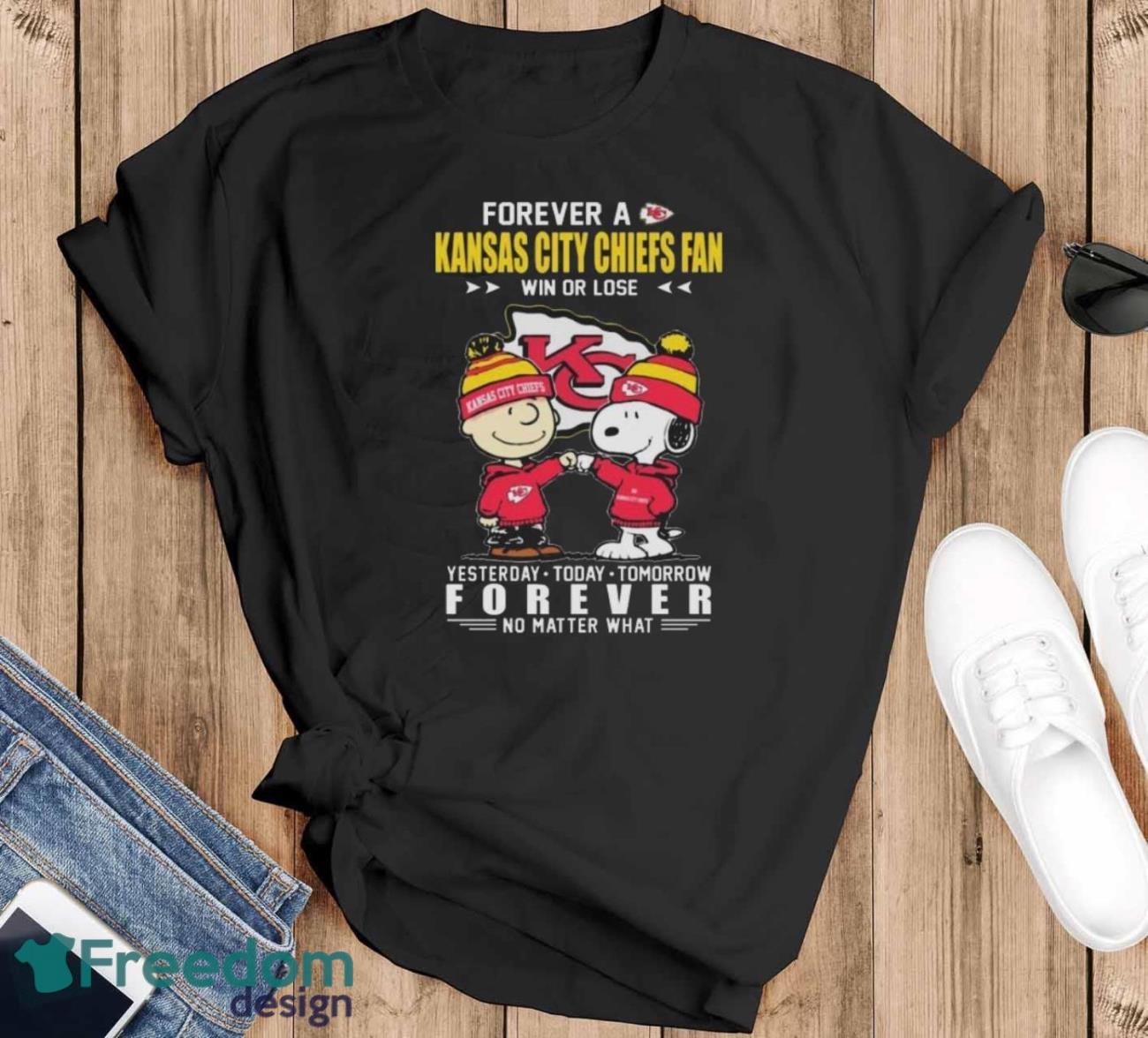 Official Charlie Brown and Snoopy Forever A Kansas City Chiefs fan Win Or Lose Yesterday Today Tomorrow Forever No Matter What shirt image Official Charlie Brown and Snoopy Forever A Kansas City Chiefs fan Win Or Lose Yesterday Today Tomorrow Forever No Matter What shirt - Black T-Shirt