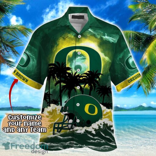 Oregon Ducks NCAA Hawaiian Shirt Coconut Tree Waves Beach Hawaii Shirt Custom Name For Fans Product Photo 2