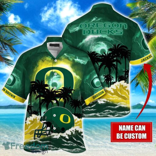 Oregon Ducks NCAA Hawaiian Shirt Coconut Tree Waves Beach Hawaii Shirt Custom Name For Fans Product Photo 1