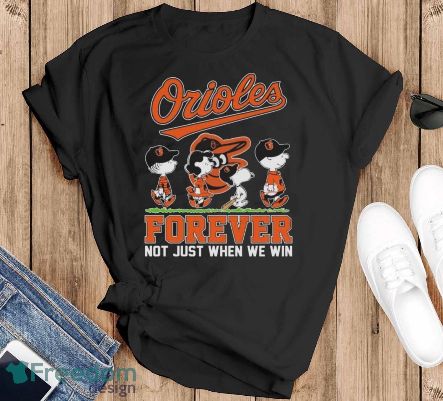 Peanuts Characters Abbey Road Baltimore Orioles Forever Not Just When We Win Shirt image Peanuts Characters Abbey Road Baltimore Orioles Forever Not Just When We Win Shirt - Black T-Shirt