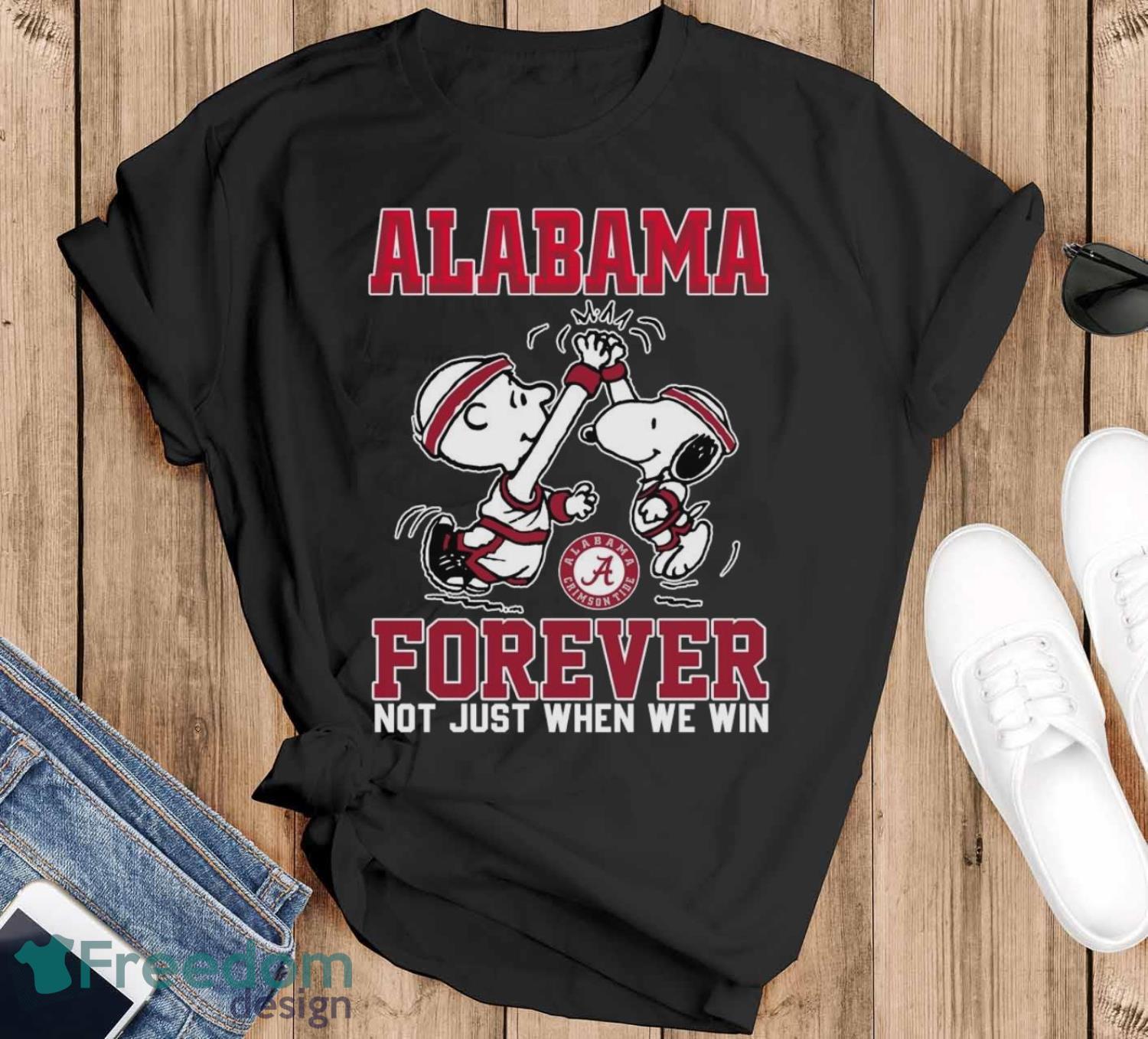Peanuts Snoopy And Charlie Brown Alabama High Five Forever Not Just When We Win Shirt image Peanuts Snoopy And Charlie Brown Alabama High Five Forever Not Just When We Win Shirt - Black T-Shirt