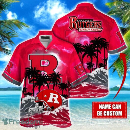 Rutgers Scarlet Knights NCAA Hawaiian Shirt Coconut Tree Waves Beach Hawaii Shirt Custom Name For Fans Product Photo 1