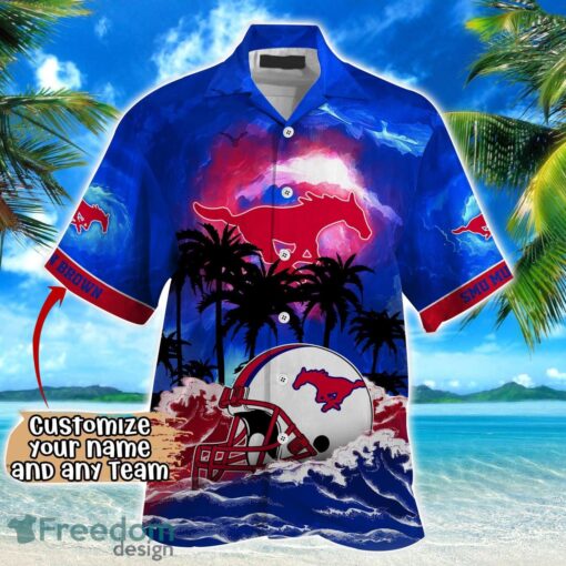 SMU Mustangs NCAA Hawaiian Shirt Coconut Tree Waves Beach Hawaii Shirt Custom Name For Fans Product Photo 2