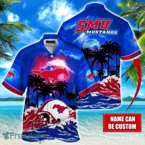 SMU Mustangs NCAA Hawaiian Shirt Coconut Tree Waves Beach Hawaii Shirt Custom Name For Fans Product Photo 1