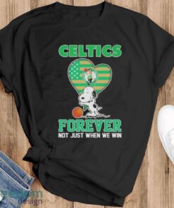 Snoopy Hug Boston Celtics Forever Not Just When We Win Shirt - Black T-Shirt